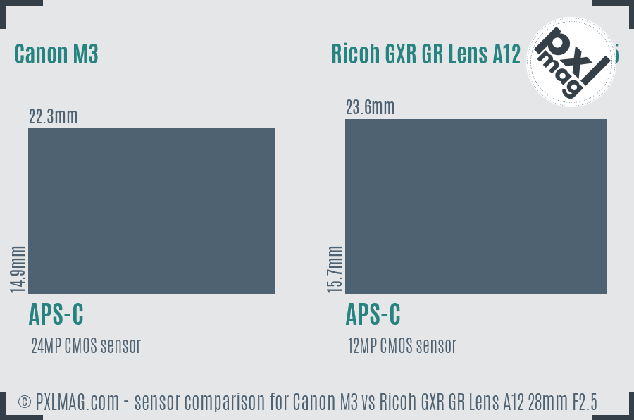 Canon M3 vs Ricoh GXR GR Lens A12 28mm F2.5 sensor size comparison