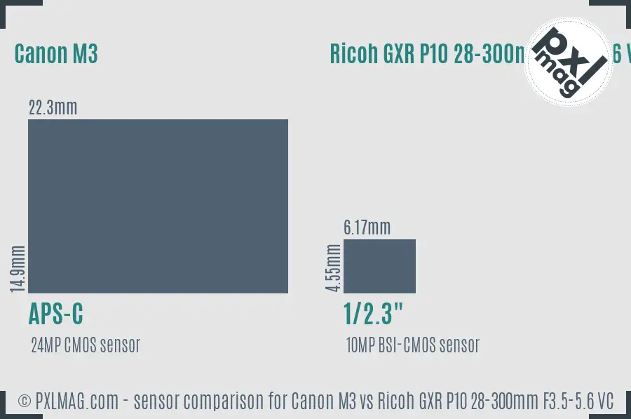 Canon M3 vs Ricoh GXR P10 28-300mm F3.5-5.6 VC sensor size comparison