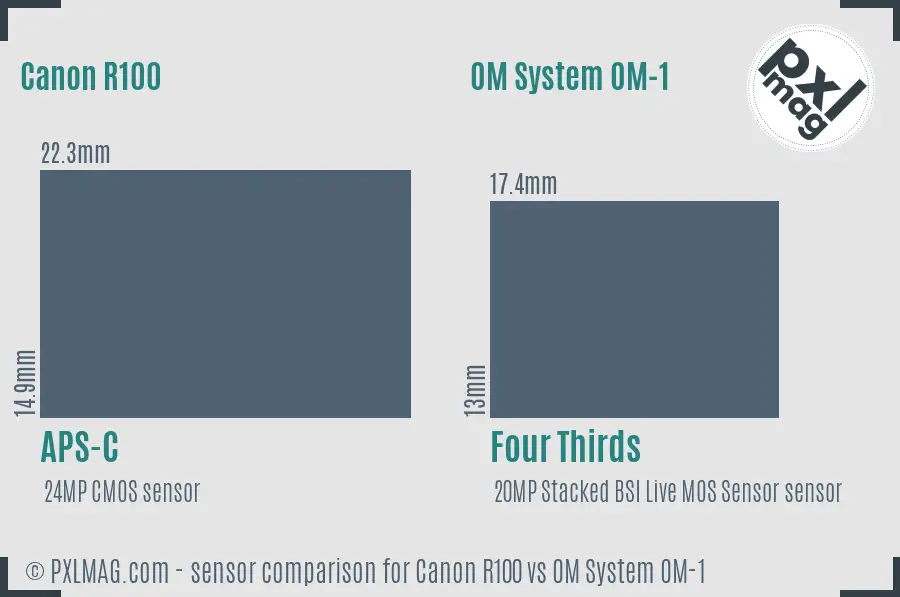 Canon R100 vs OM System OM-1 sensor size comparison