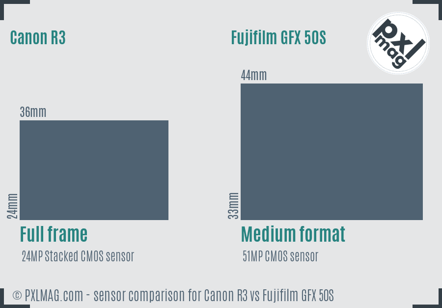 Canon R3 vs Fujifilm GFX 50S sensor size comparison