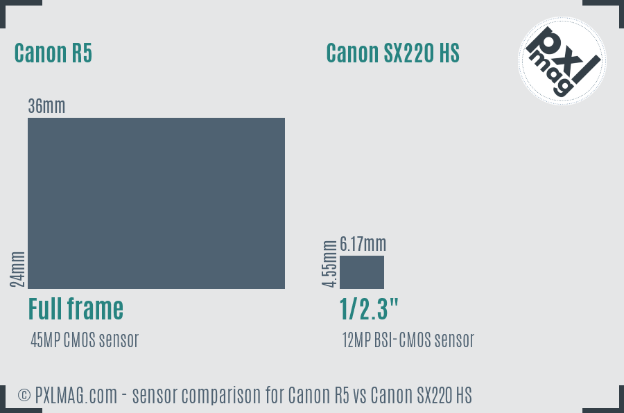 Canon R5 vs Canon SX220 HS sensor size comparison