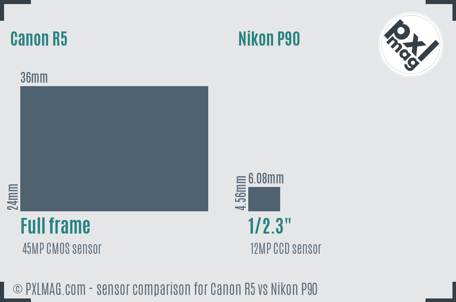 Canon R5 vs Nikon P90 sensor size comparison
