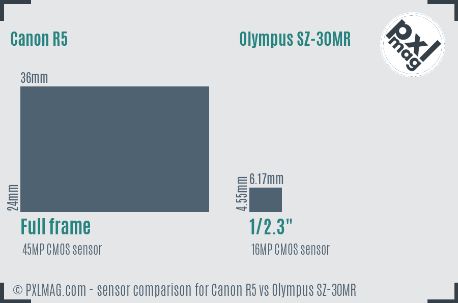 Canon R5 vs Olympus SZ-30MR sensor size comparison