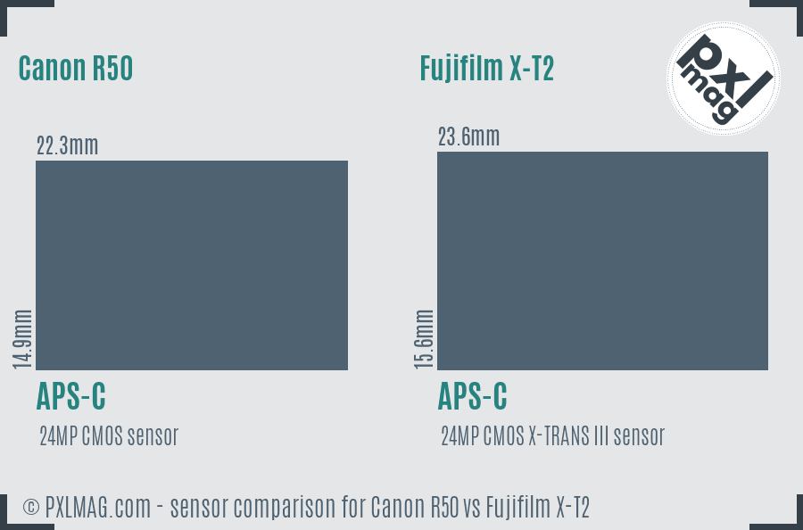 Canon R50 vs Fujifilm X-T2 sensor size comparison