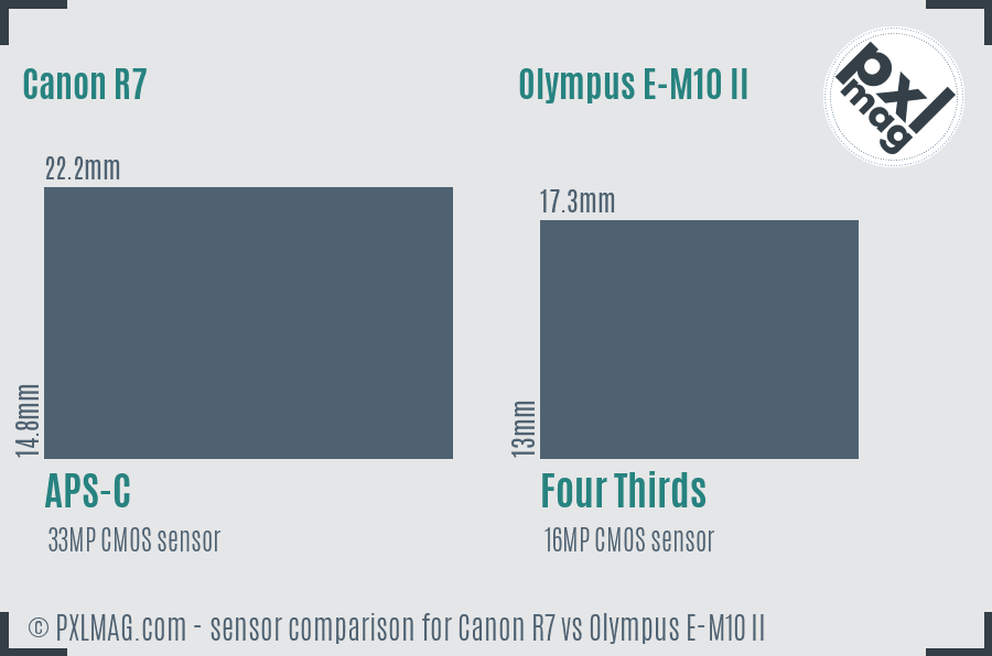 Canon R7 vs Olympus E-M10 II sensor size comparison Canon R7 vs Olympus E-M10 II sensor size comparison