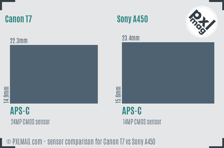 Canon T7 vs Sony A450 sensor size comparison