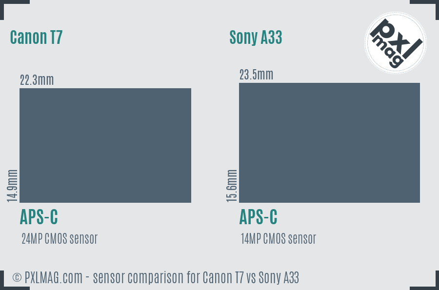 Canon T7 vs Sony A33 sensor size comparison