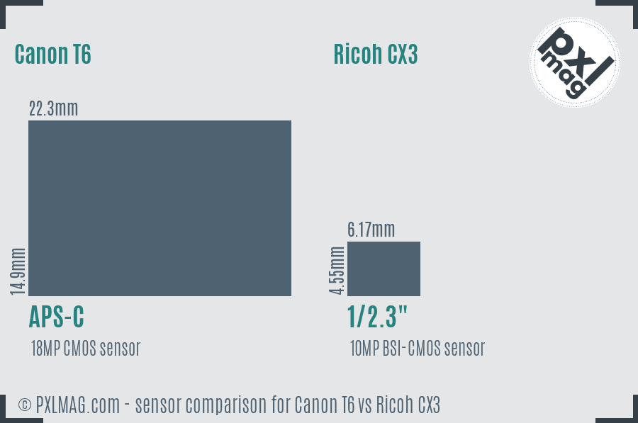 Canon T6 vs Ricoh CX3 sensor size comparison