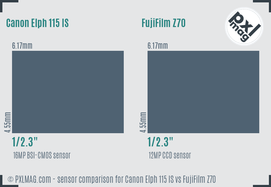 Canon Elph 115 IS vs FujiFilm Z70 sensor size comparison