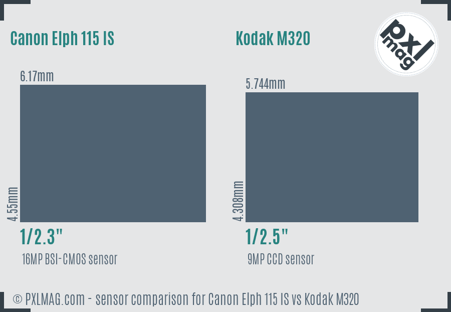 Canon Elph 115 IS vs Kodak M320 sensor size comparison