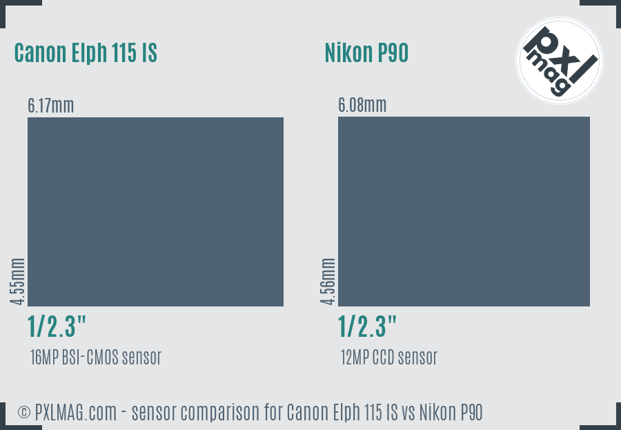 Canon Elph 115 IS vs Nikon P90 sensor size comparison