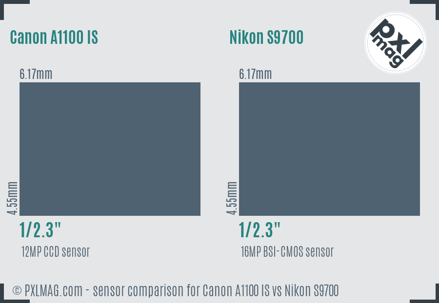 Canon A1100 IS vs Nikon S9700 sensor size comparison
