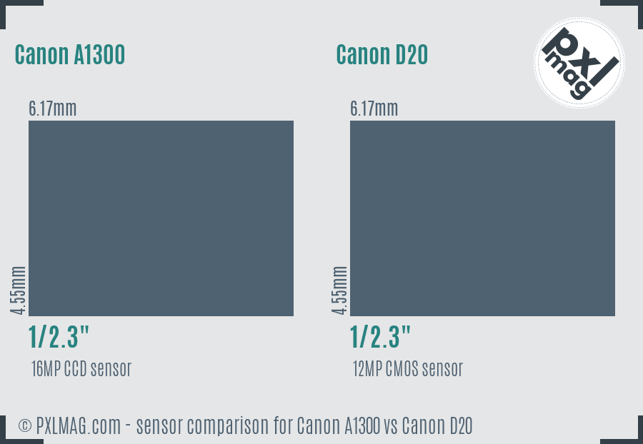 Canon A1300 vs Canon D20 sensor size comparison