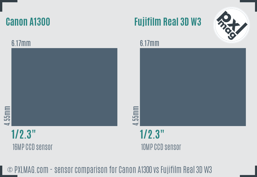 Canon A1300 vs Fujifilm Real 3D W3 sensor size comparison