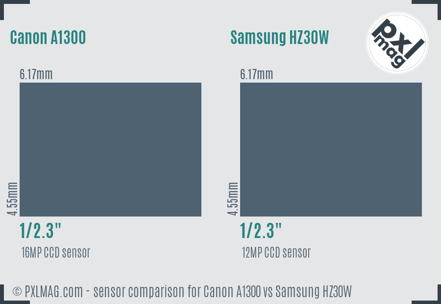 Canon A1300 vs Samsung HZ30W sensor size comparison