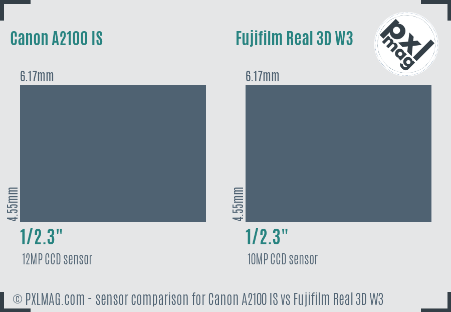 Canon A2100 IS vs Fujifilm Real 3D W3 sensor size comparison