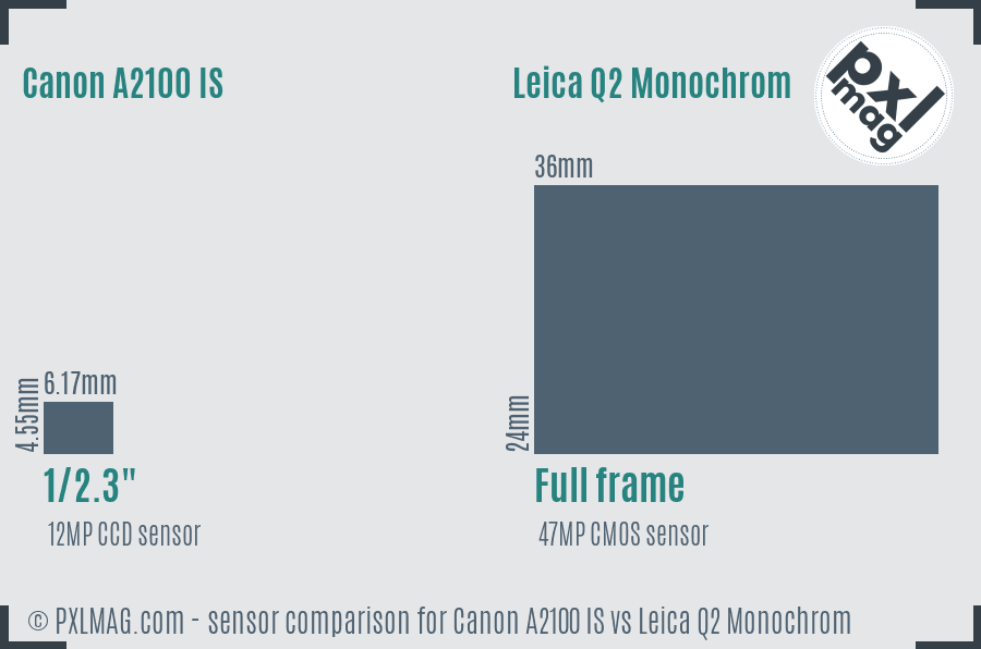 Canon A2100 IS vs Leica Q2 Monochrom sensor size comparison
