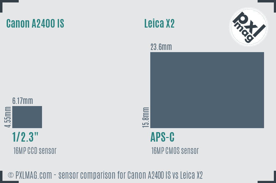 Canon A2400 IS vs Leica X2 sensor size comparison