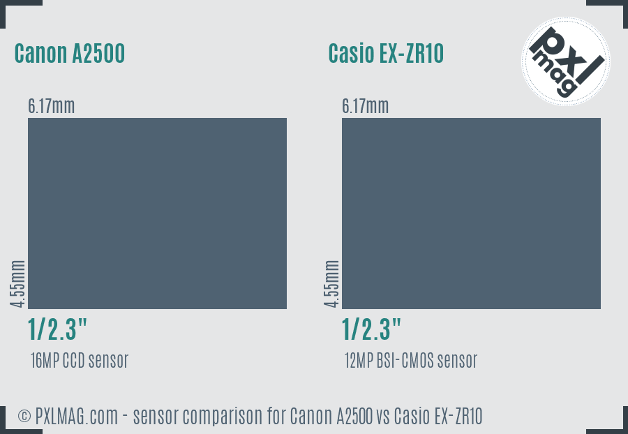 Canon A2500 vs Casio EX-ZR10 sensor size comparison