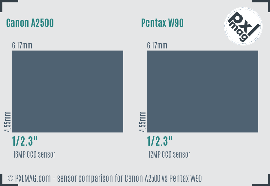Canon A2500 vs Pentax W90 sensor size comparison