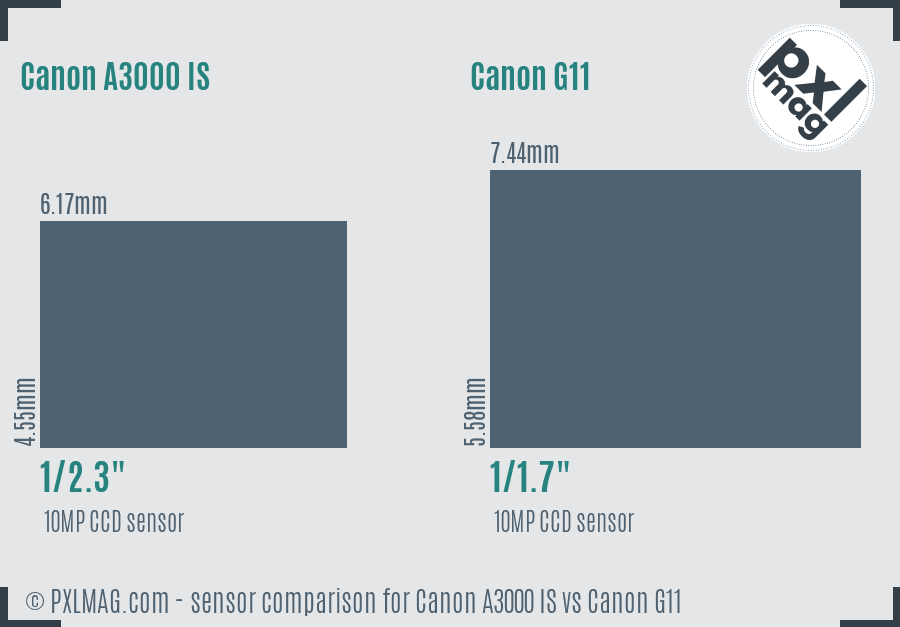 Canon A3000 IS vs Canon G11 sensor size comparison