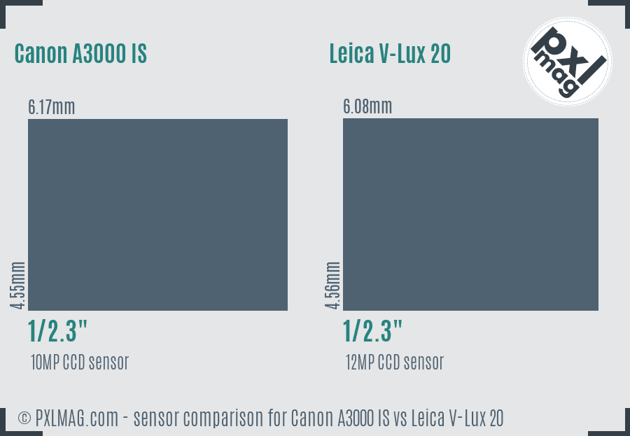 Canon A3000 IS vs Leica V-Lux 20 sensor size comparison