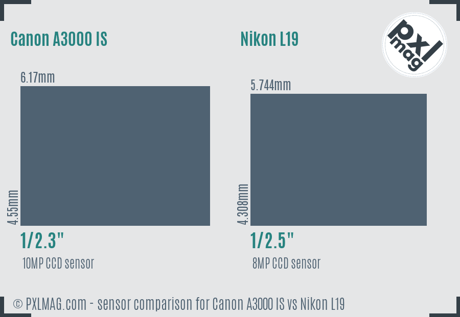 Canon A3000 IS vs Nikon L19 sensor size comparison