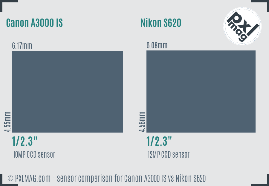 Canon A3000 IS vs Nikon S620 sensor size comparison