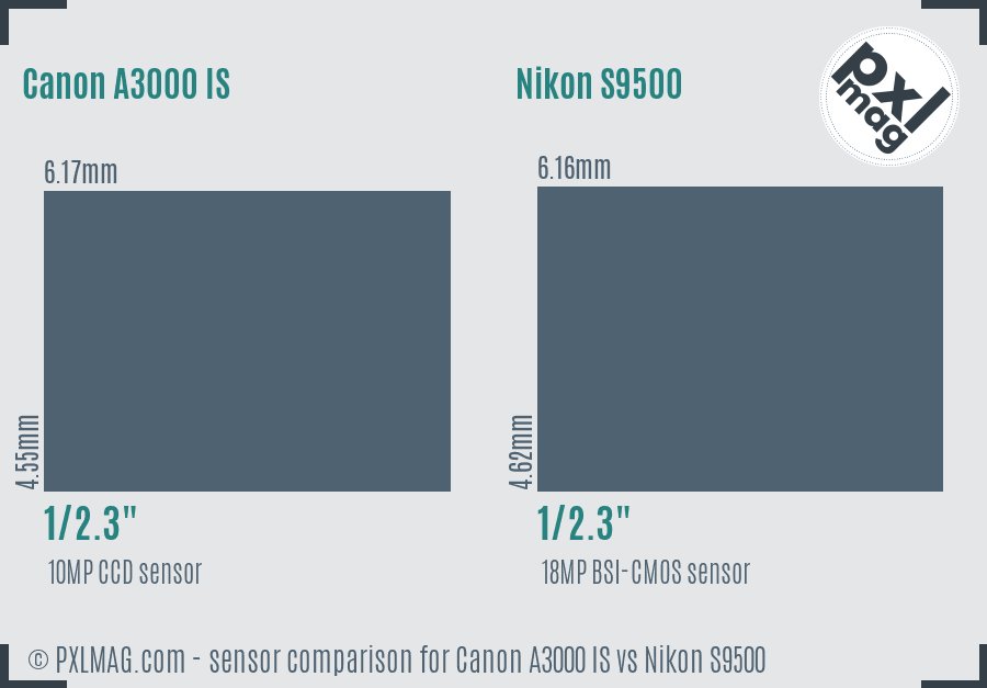 Canon A3000 IS vs Nikon S9500 sensor size comparison