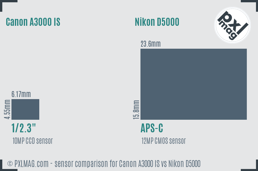 Canon A3000 IS vs Nikon D5000 sensor size comparison