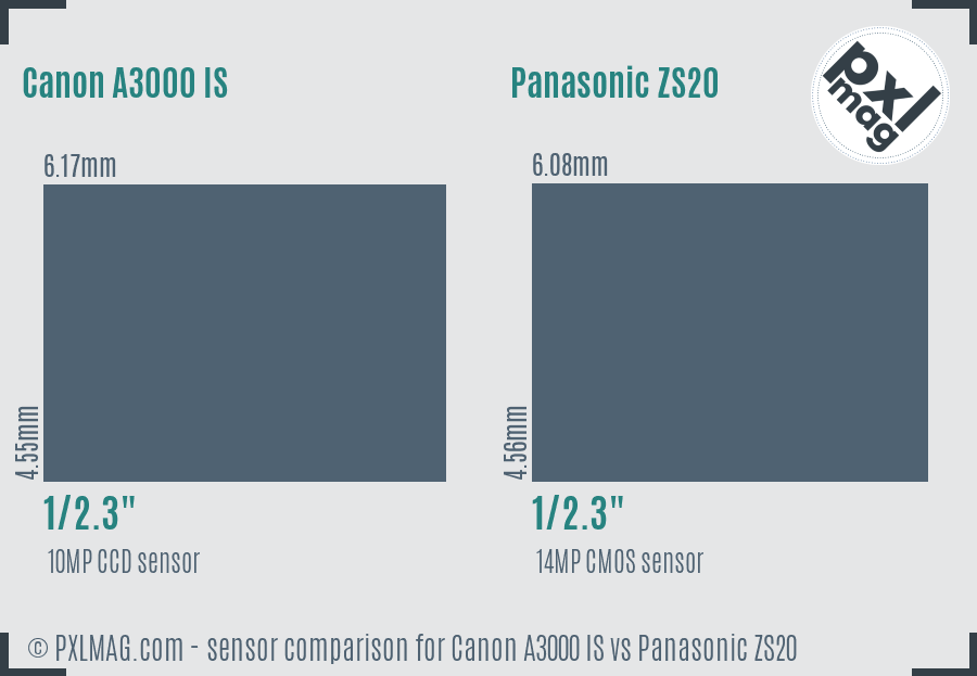 Canon A3000 IS vs Panasonic ZS20 sensor size comparison