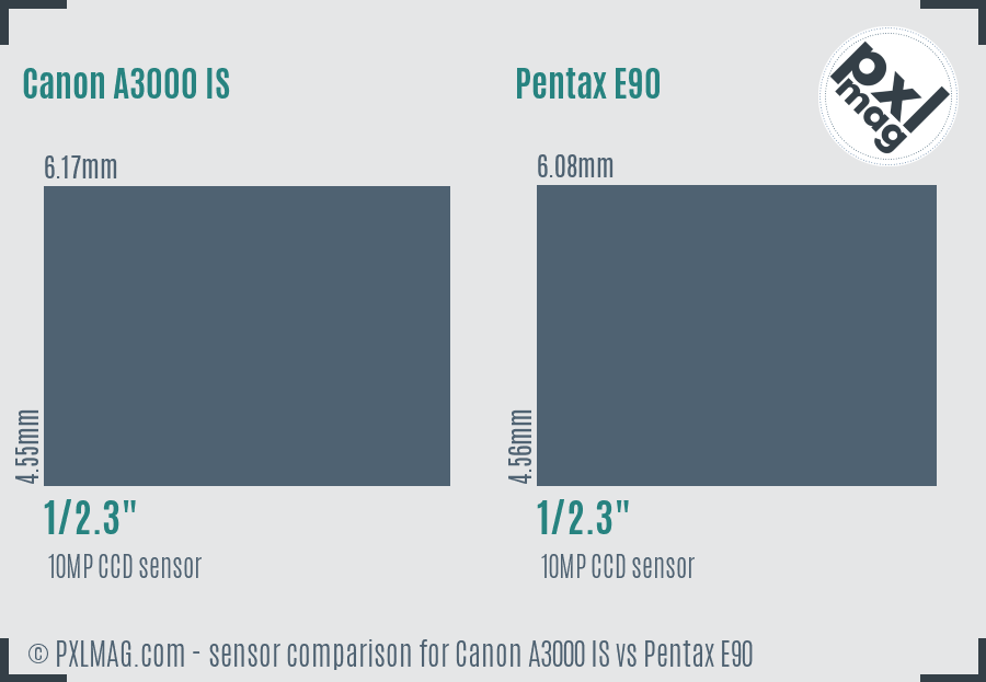 Canon A3000 IS vs Pentax E90 sensor size comparison