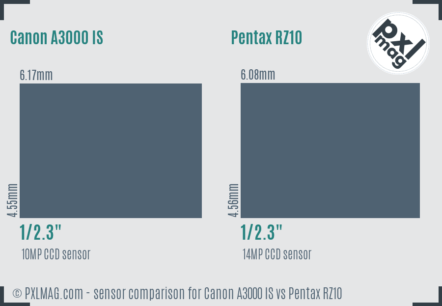 Canon A3000 IS vs Pentax RZ10 sensor size comparison