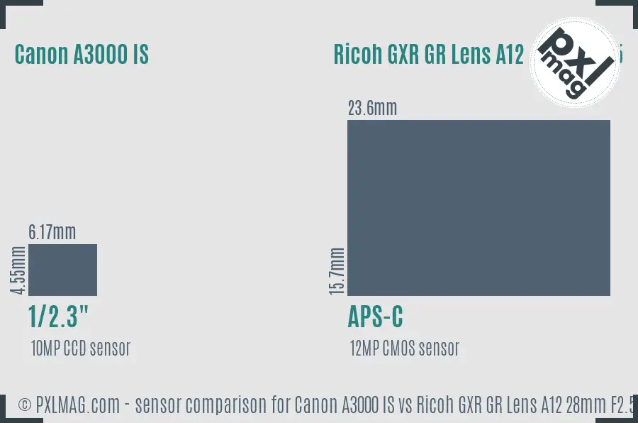 Canon A3000 IS vs Ricoh GXR GR Lens A12 28mm F2.5 sensor size comparison