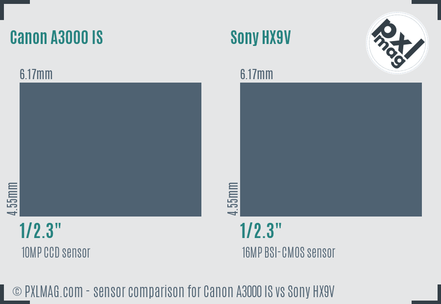 Canon A3000 IS vs Sony HX9V sensor size comparison