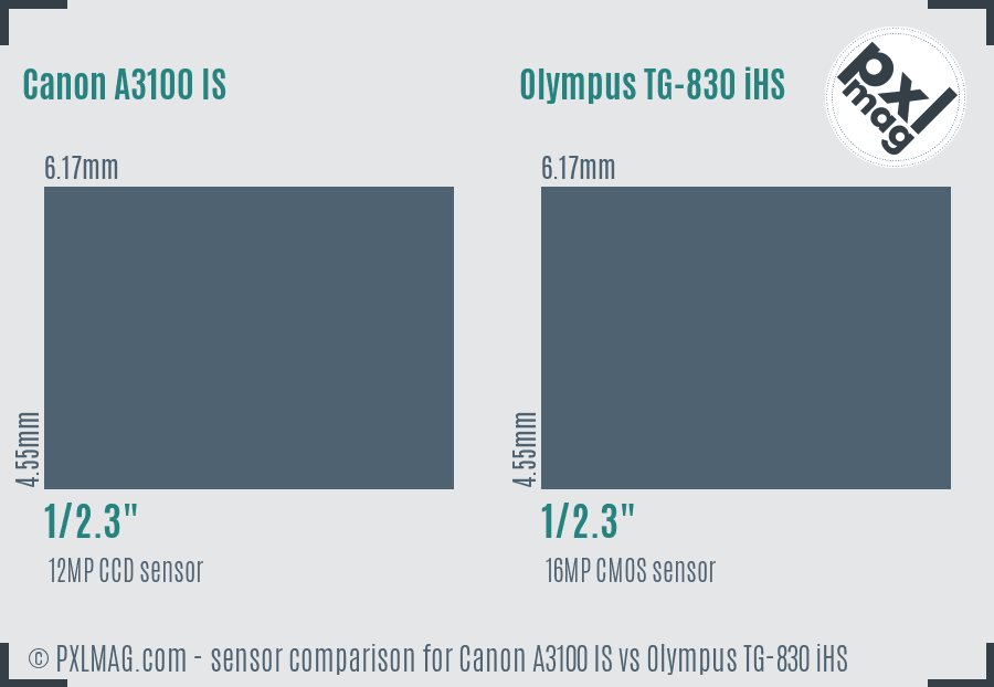 Canon A3100 IS vs Olympus TG-830 iHS sensor size comparison