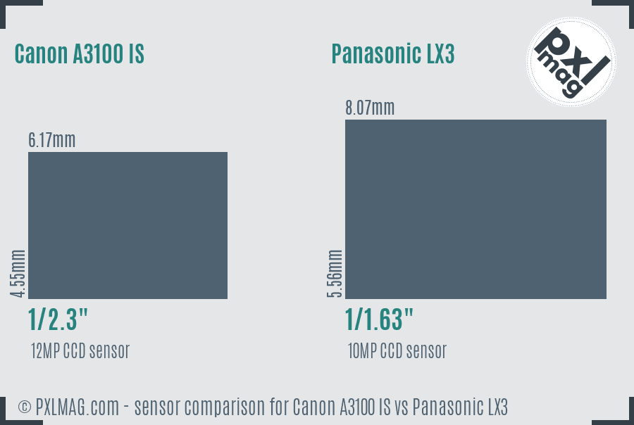 Canon A3100 IS vs Panasonic LX3 sensor size comparison