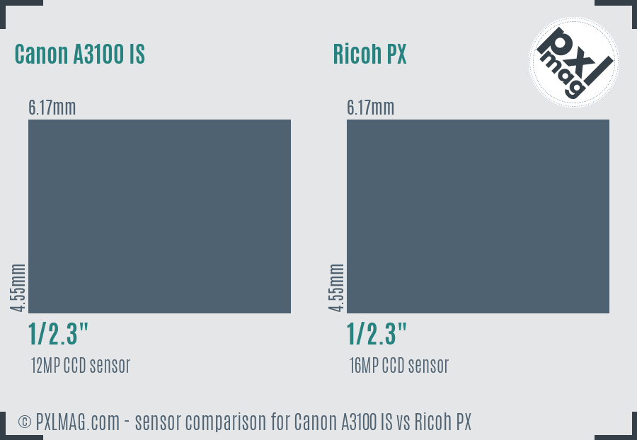 Canon A3100 IS vs Ricoh PX sensor size comparison