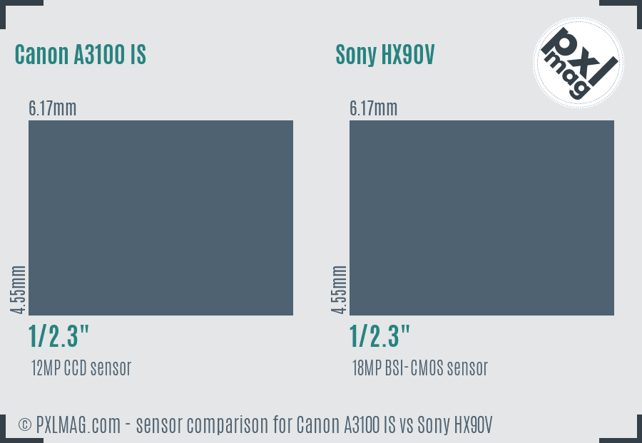 Canon A3100 IS vs Sony HX90V sensor size comparison