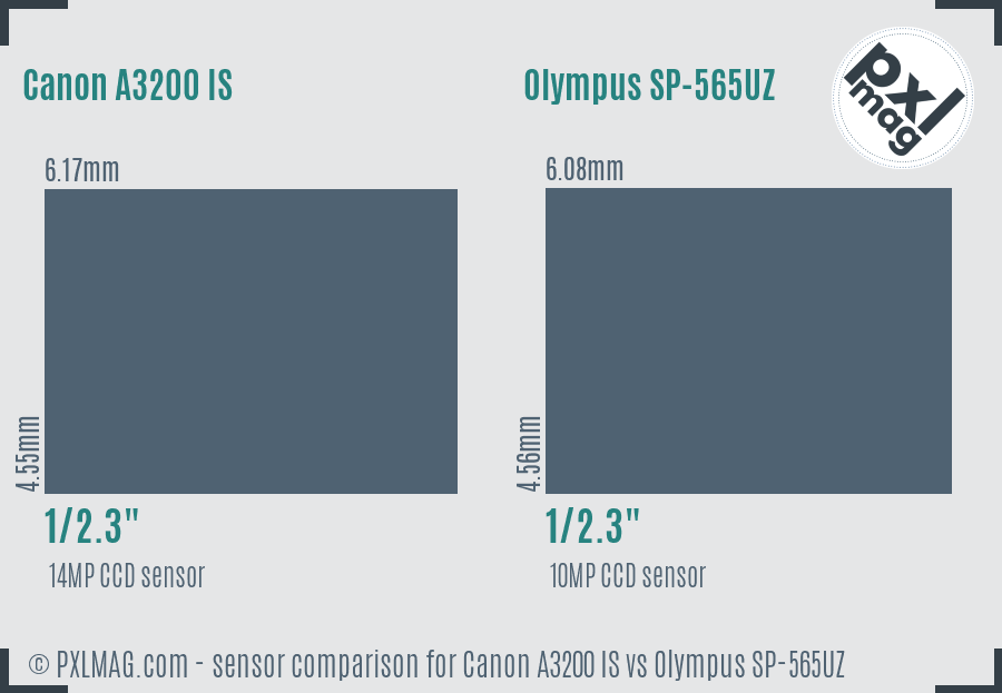 Canon A3200 IS vs Olympus SP-565UZ sensor size comparison