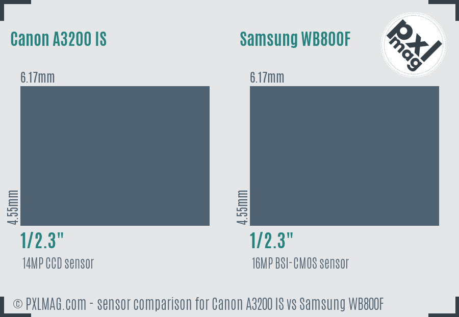 Canon A3200 IS vs Samsung WB800F sensor size comparison