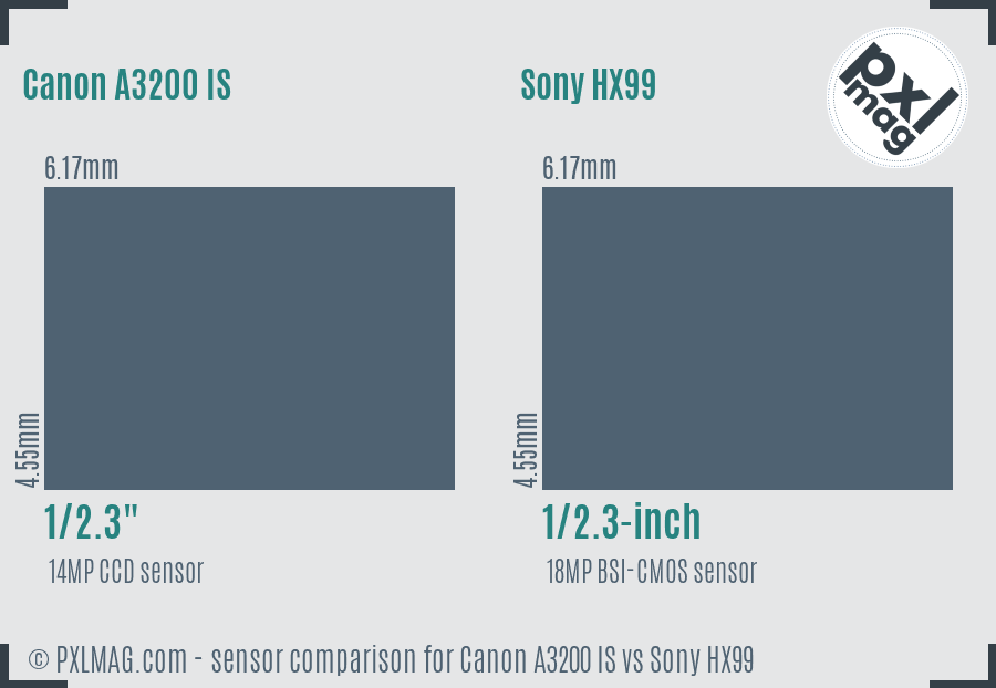 Canon A3200 IS vs Sony HX99 sensor size comparison