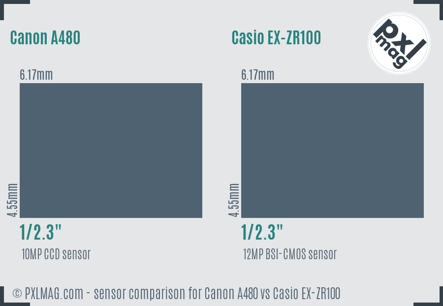 Canon A480 vs Casio EX-ZR100 sensor size comparison