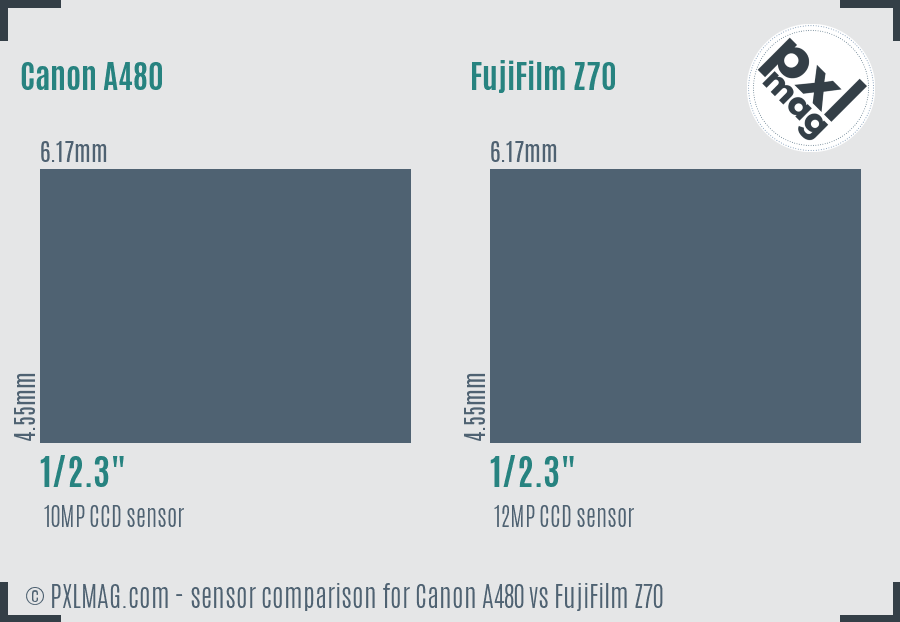 Canon A480 vs FujiFilm Z70 sensor size comparison
