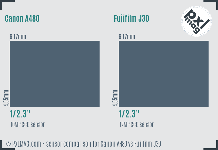 Canon A480 vs Fujifilm J30 sensor size comparison