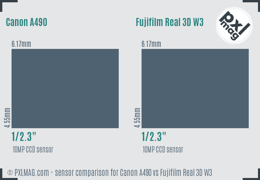 Canon A490 vs Fujifilm Real 3D W3 sensor size comparison