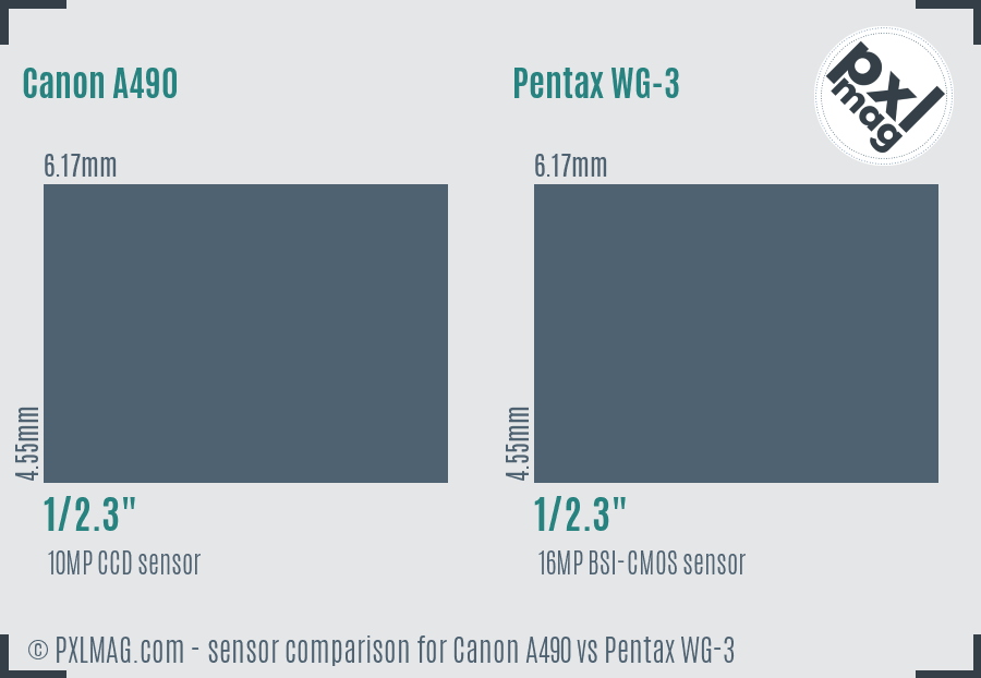 Canon A490 vs Pentax WG-3 sensor size comparison