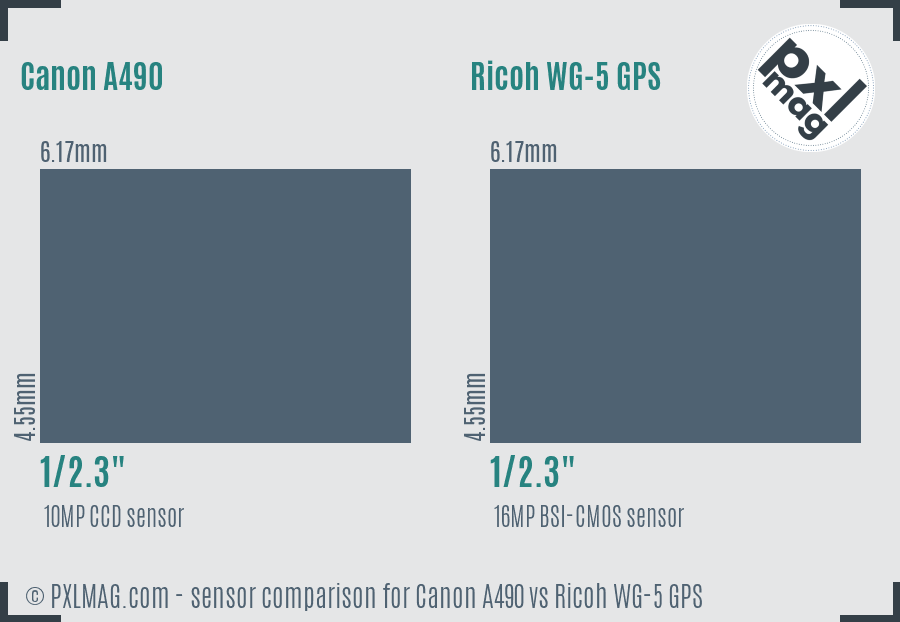 Canon A490 vs Ricoh WG-5 GPS sensor size comparison