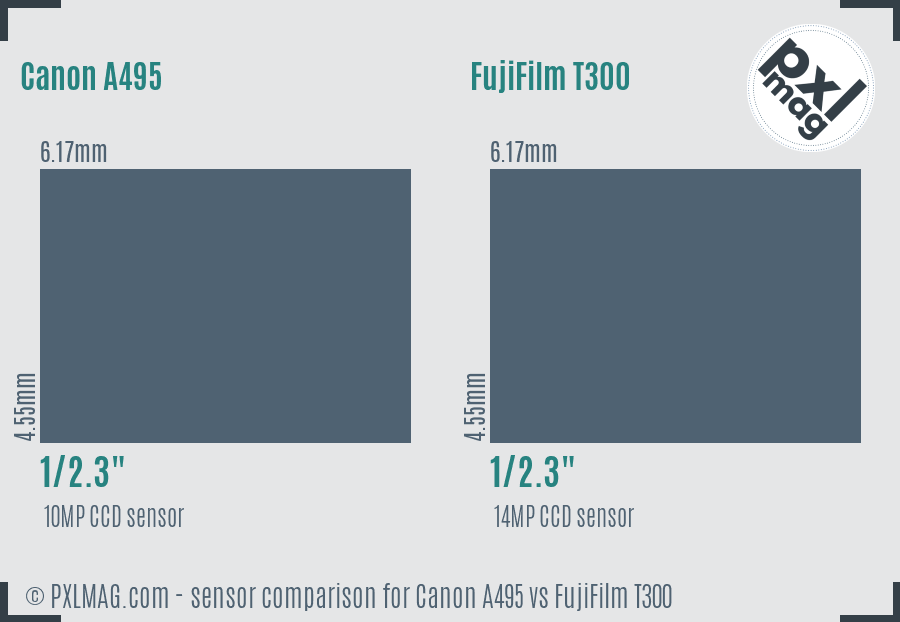 Canon A495 vs FujiFilm T300 sensor size comparison