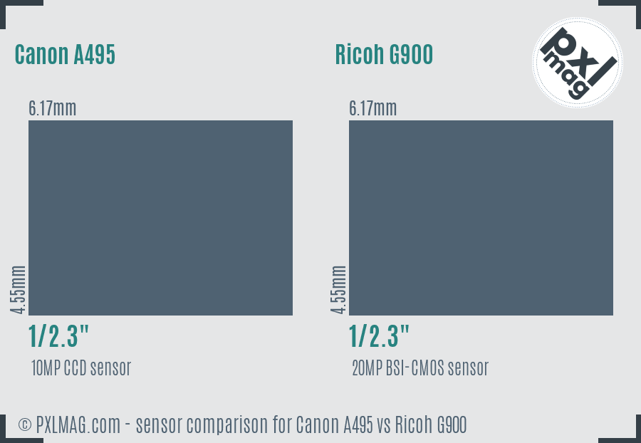 Canon A495 vs Ricoh G900 sensor size comparison